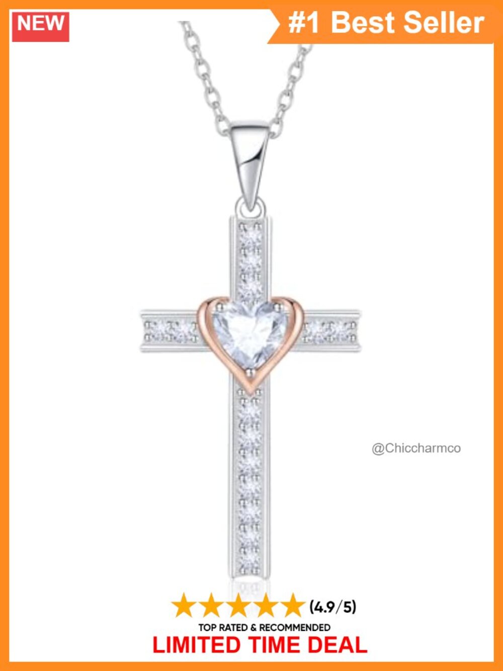 April Birthstone Cross Necklace 925 Sterling Silver White Gold Plated